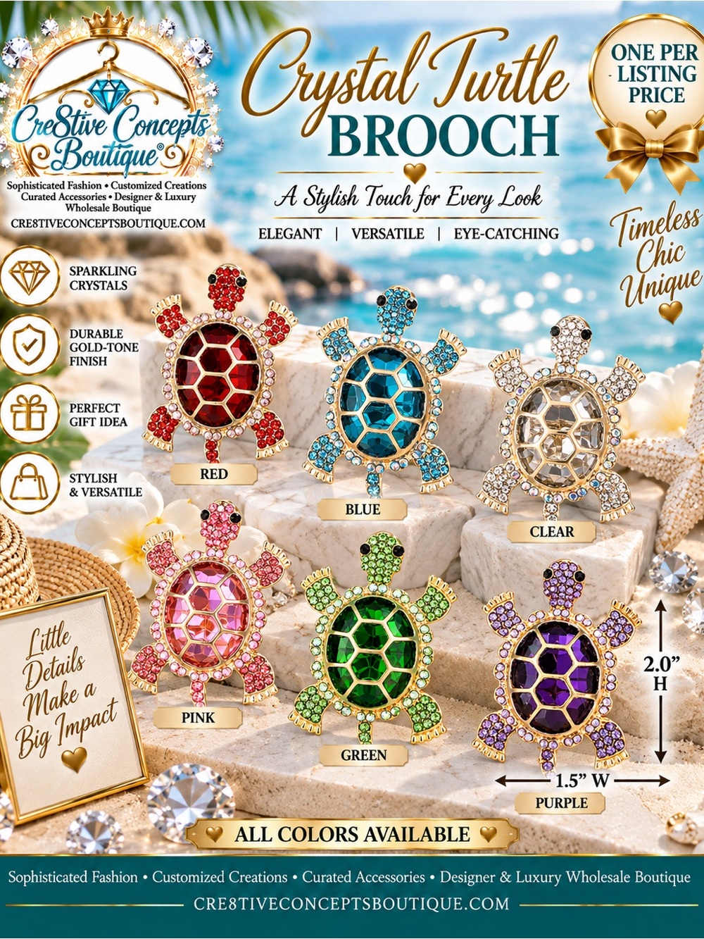 Crystal Turtle Brooch – Gold Tone Rhinestone Animal Lapel Pin-One Per Listing